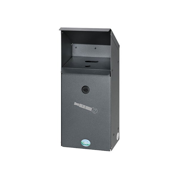 Metall-Sammelbehälter für elektronische Zigaretten mit schrägem Dach, Einwurfschlitz, abschließbarer Front, Entsorgungssymbol und VAR Logo.