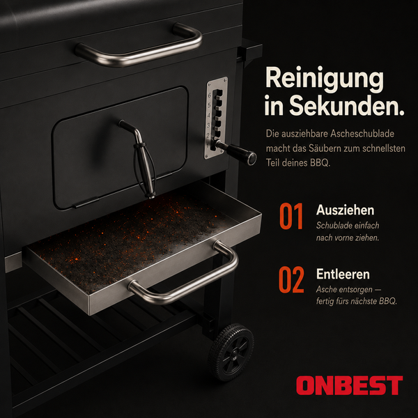 Detailansicht eines Holzkohlegrills mit ausgezogener Ascheschublade zur Reinigung in zwei Schritten, inklusive ONBEST Logo.