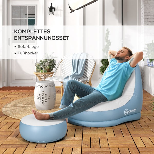 Outsunny Aufblasbares Sofa, Aufblasbarer Sessel mit Fußhocker Luftsofa mit Becherhalter, für Camping, Zuhause, Weiß, 125 x 100 x 87 cm