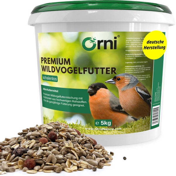 Premium Wildvogelfutter mit Gimpel, artgerecht und schalenlos, zur ganzjährigen Fütterung, hergestellt in Deutschland.