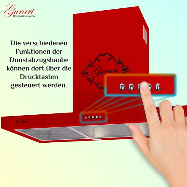 Eine Person betätigt die Drucktasten einer Wanddunstabzugshaube der Marke Gurari mit Metallfettfiltern zur Steuerung der Funktionen.
