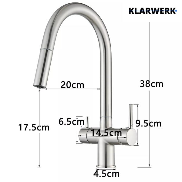 Küchenarmatur mit C-Auslauf, ausziehbarer Brause und Maßen: Höhe 38 Zentimeter, Ausladung 20 Zentimeter. Klarwerk Logo.