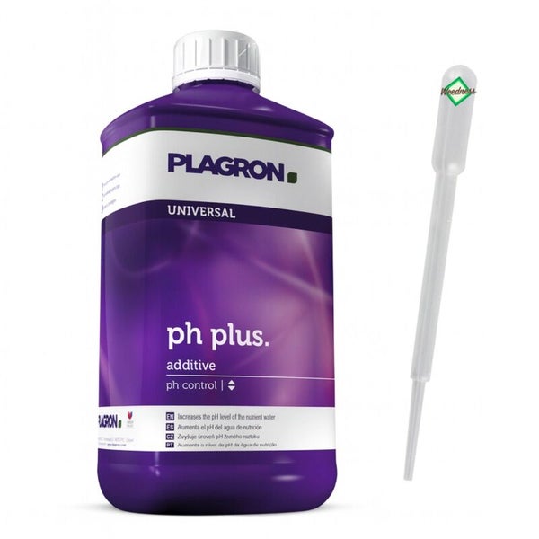 Plagron pH Plus Additiv in einer violetten Flasche mit Pipette