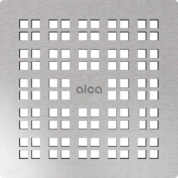 Quadratischer Bodenablaufrost aus gebürstetem Edelstahl mit quadratischem Lochmuster und Alca Logo.
