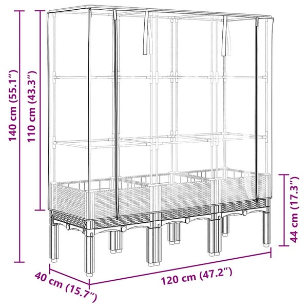 Folien-Gewächshaus mit drei Pflanzgefäßen, Abmessungen: 140 Zentimeter hoch, 120 Zentimeter breit und 40 Zentimeter tief.