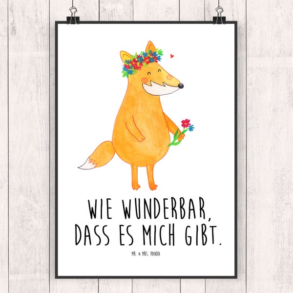 Mr. & Mrs. Panda DIN A5 Poster Fuchs Blumen - Weiß
