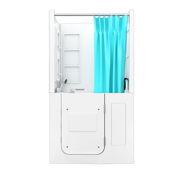 Weiße Sitzbadewanne mit Dusche, niedriger Einstiegstür, integriertem Sitz und türkisfarbenem Duschvorhang.