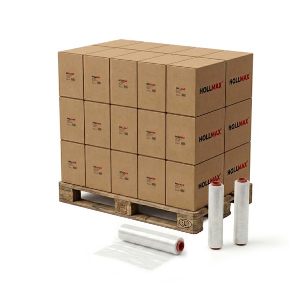 Stretchfolie auf Rollen neben einer mit Kartons beladenen Europalette.
