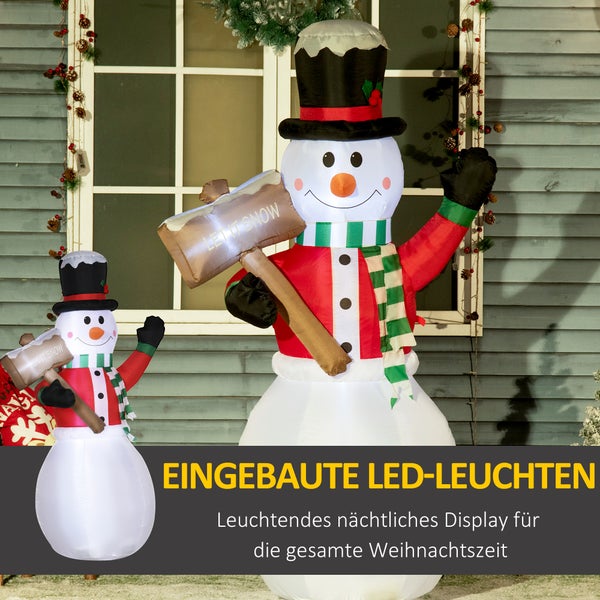 Outsunny Aufblasbarer Schneemann, 180 cm, mit Schild,  LED Licht, IP44, 103L x 70B x 180H cm, Polyester-Stoff, Weiß