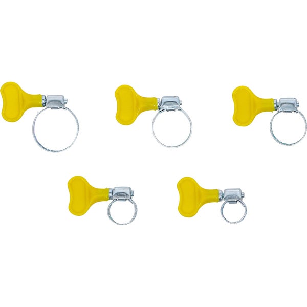 Fünf Schlauchschellen aus Metall mit gelben Flügelgriffen zur werkzeuglosen Montage.