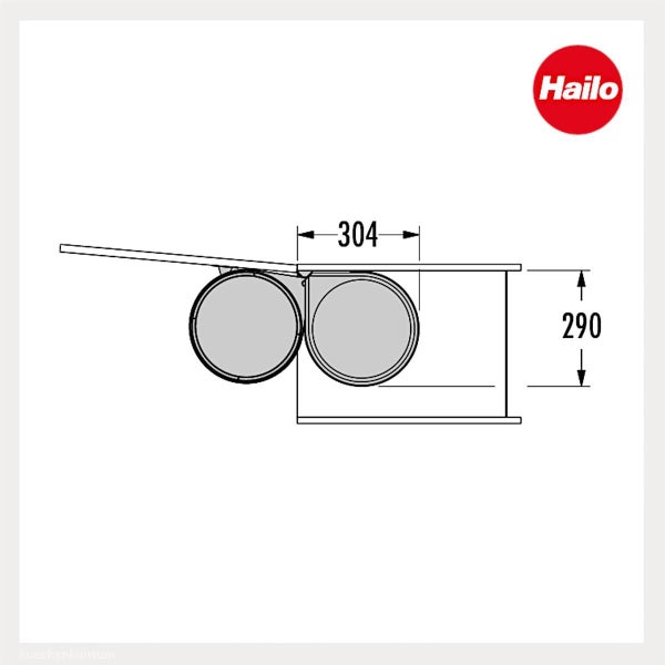Technische Zeichnung eines Hailo Mülltrennsystems mit Maßen 304 und 290 Millimeter. Hailo Logo.