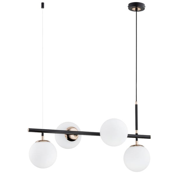 Moderne Hängeleuchte mit vier kugelförmigen Glasköpfen an einer horizontalen Metallstange zur Beleuchtung von Esstischen.