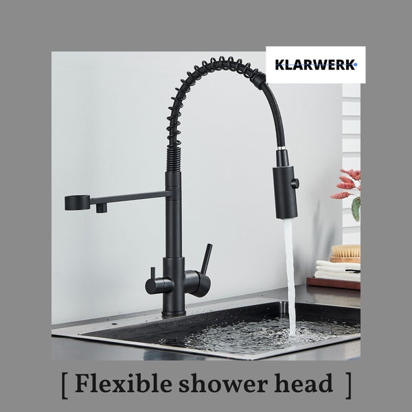 Bernd | 3 Wege Gastronomie Schwarz matt Filtermatur | Feder Edelstahl Osmose Wasserhahn Küche | Restaurant Mischbatterie 360° drehbar 2 Anschlüsse