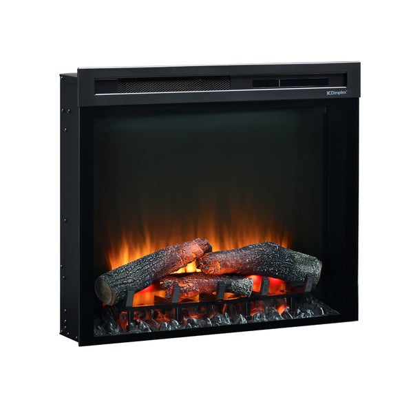 Elektrischer Kamin von Dimplex mit realistischem Flammeneffekt und glühenden dekorativen Holzscheiten in einem schwarzen Gehäuse.