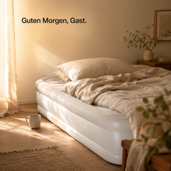 Helles, minimalistisches Schlafzimmer mit weißem Luftbett, beiger Bettwäsche und dem Schriftzug Guten Morgen, Gast.