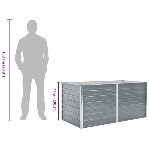 Hochbeet aus Metall mit einer Höhe von 77 Zentimetern im Vergleich zu einer 180 Zentimeter großen Personensilhouette.