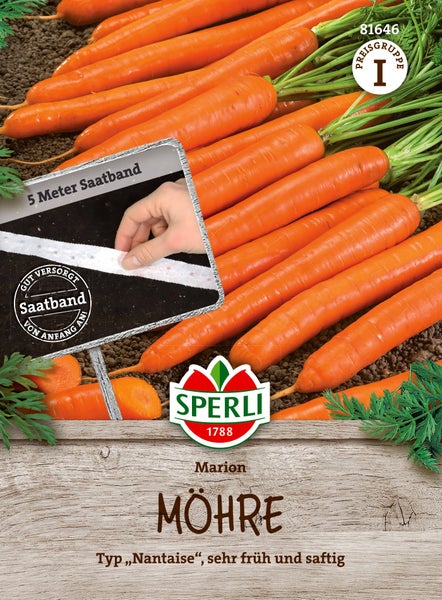 Sperli Möhre Marion Saatband Typ Nantaise fuer eine fruehe Ernte saftiger Moehren in der Packung.