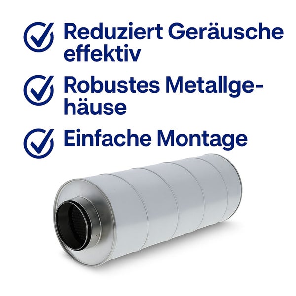 Rohrschalldämpfer mit Hinweisen zu Geräuschreduzierung, robustem Metallgehäuse und einfacher Montage