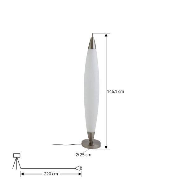 Bodenleuchte mit weißem Schirm und Metallfuß, Höhe 146,1 Zentimeter, Durchmesser 25 Zentimeter, Kabellänge 220 Zentimeter.