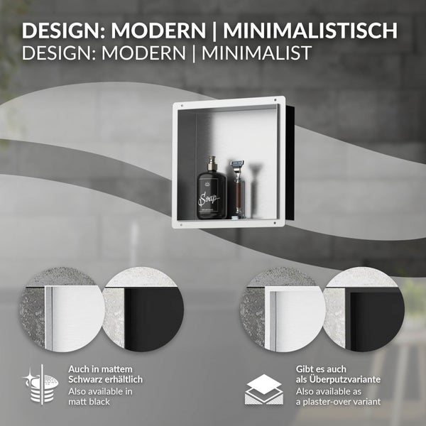 Wandnische aus Edelstahl, modernes minimalistisches Design, Einbauvariante, auch in Schwarz matt und als Überputzvariante erhältlich.