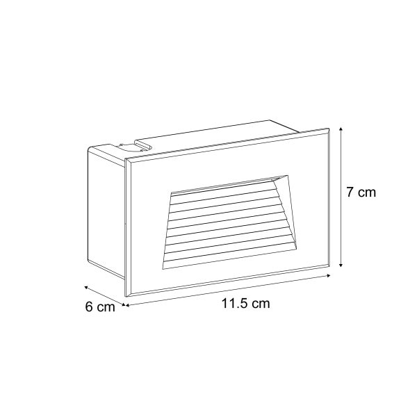 Massskizze einer rechteckigen Einbauleuchte mit Lamellen, Breite 11,5 Zentimeter, Höhe 7 Zentimeter, Tiefe 6 Zentimeter.