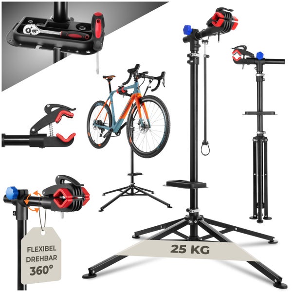 Fahrrad Montageständer mit Werkzeugablage und drehbarer Halteklaue für eine maximale Belastung von 25 Kilogramm