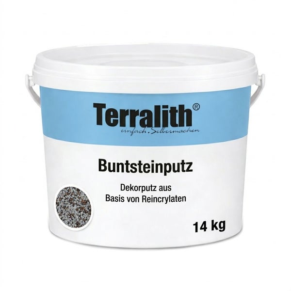 Terralith Buntsteinputz, dekorativer Putz auf Basis von Reinacrylaten im 14 Kilogramm Eimer.