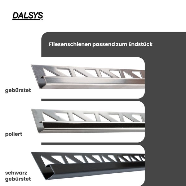 Dalsys Logo und drei verschiedene Fliesenschienen in den Ausführungen gebürstet, poliert und schwarz gebürstet.