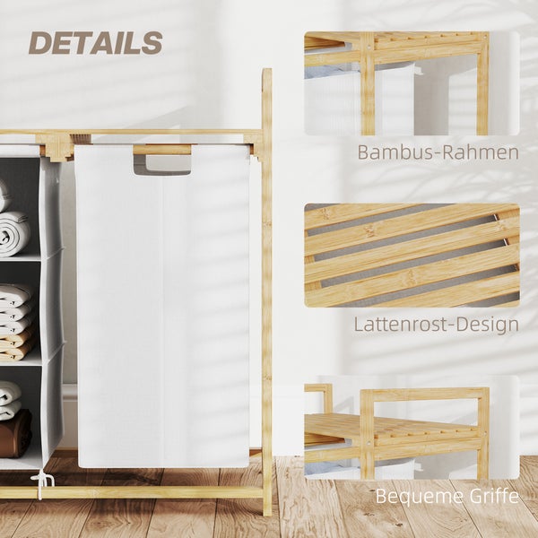 HOMCOM Wäschekorb 4 Fächer Bambus Wäschesammler 83L mit 2 ausziehbaren & abnehmbaren Wäschesäcken aus Vliesstoff, Ablage Wäschebox mit Griff Wäschesortierer 70 x 36 x 70 cm Weiß