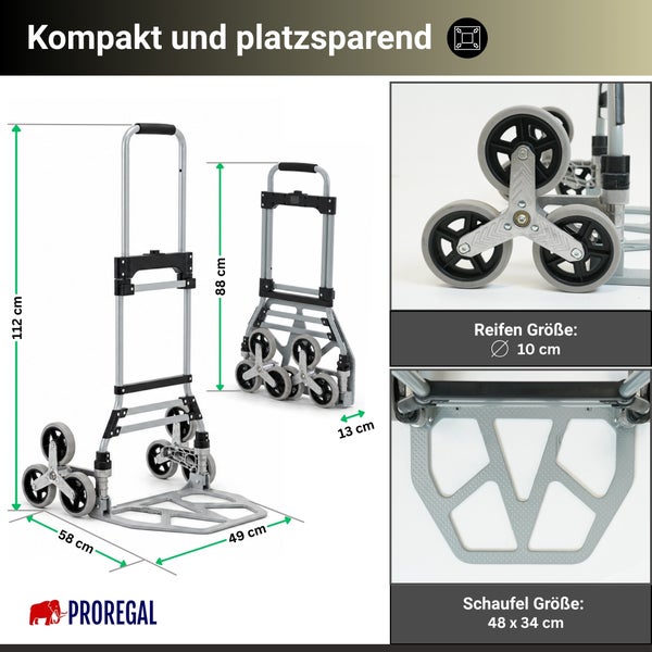 Klappbare Treppensteiger-Sackkarre von Proregal. Maße: 112 mal 58 mal 49 Zentimeter. Zusammengeklappt: 88 mal 13 Zentimeter. Proregal Logo.