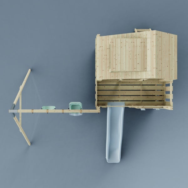 Spielhaus aus Holz mit Rutsche und Schaukel