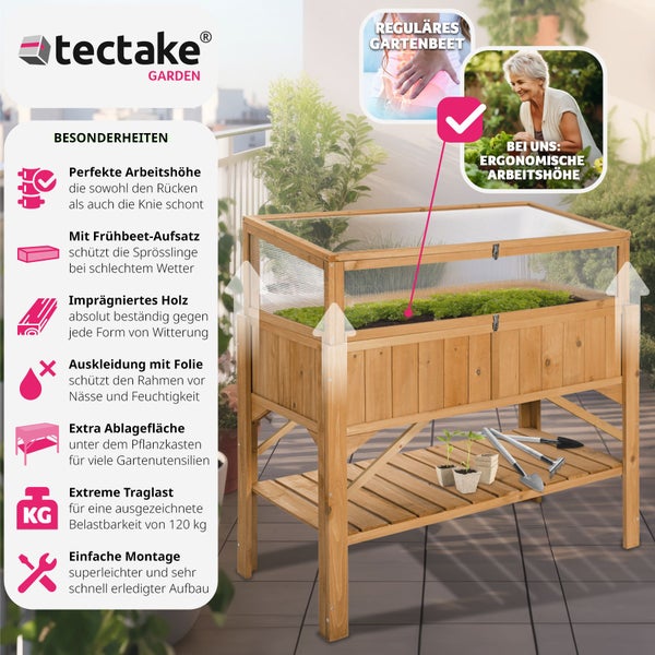 Hochbeet tectake  119 x 57 x 124 cm aus Holz, mit Ablage und Frühbeet-Aufsatz braun