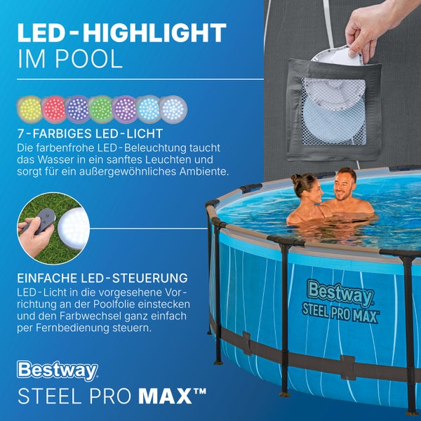 Bestway Steel Pro Max Pool mit LED-Beleuchtung in sieben Farben, Fernbedienung und Montage in einer Tasche an der Poolfolie.