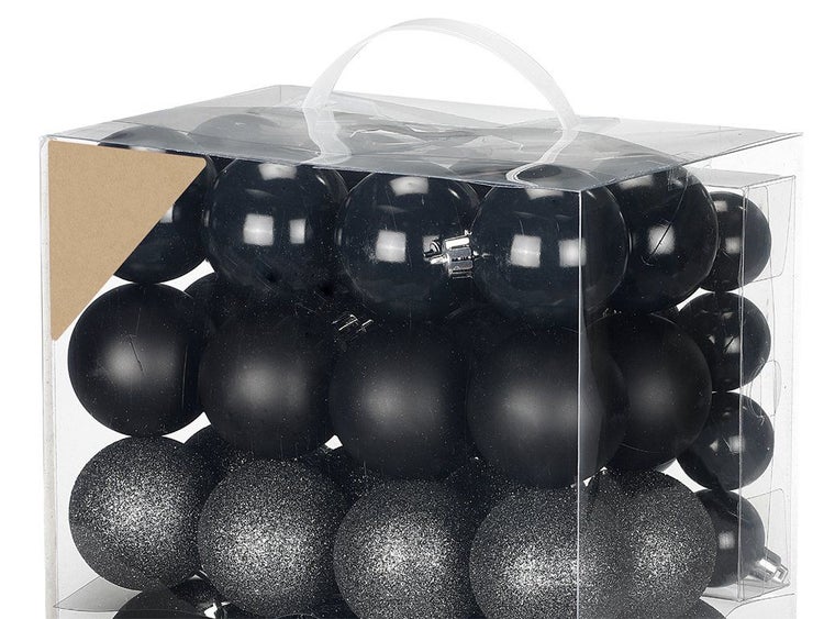 Set mit Christbaumkugeln in verschiedenen Oberflächenausführungen in einer transparenten Kunststoffverpackung mit Tragegriff.