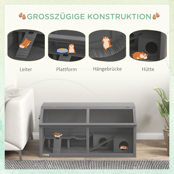 PawHut Hamsterkäfig aus holz, 100cm Nagerhaus, Kleintierstall, Spielhaus mit Hängebrücke, Leitern, zu öffnendes Dach, Hütte, Dunkelgrau