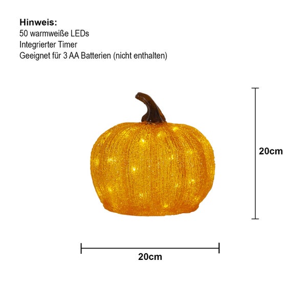 Dekorative Kürbisleuchte mit warmweißen LEDs und integriertem Timer, circa 20 cm hoch und breit.