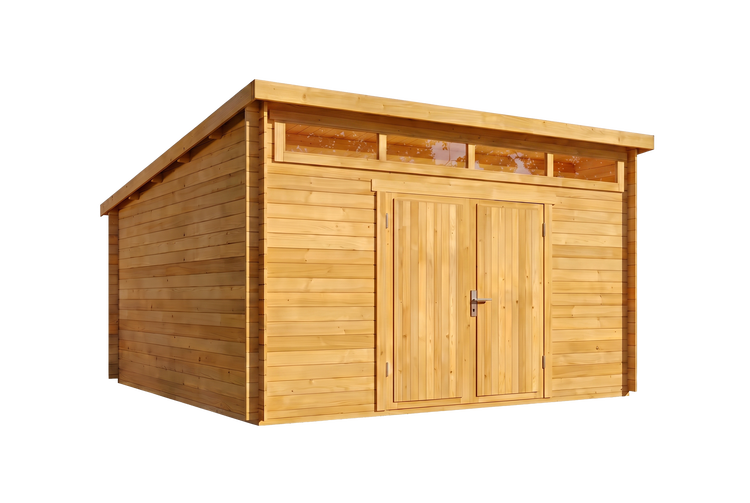 Gartenhaus aus Holz mit Pultdach, Doppeltür und Oberlichtern.