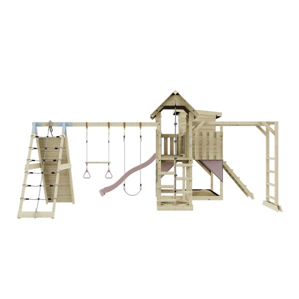 Spielplatz aus Holz mit Rutsche, Schaukel und Kletterwand