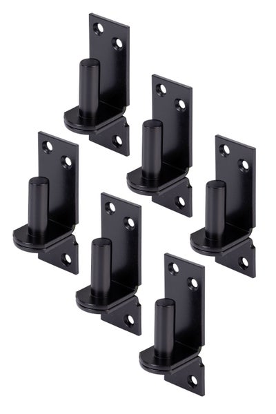 Set mit sechs Scharnieren aus Metall mit Anschraubplatte für Türen und Tore.