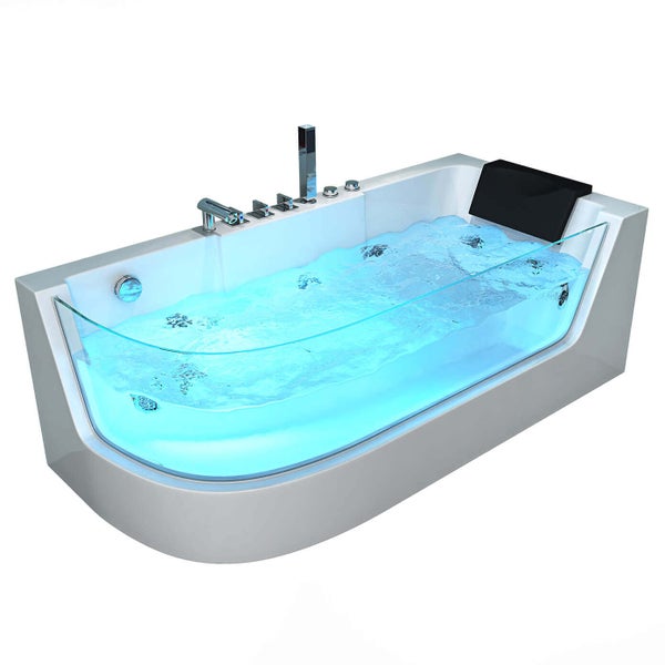 Rechteckige Whirlpool Badewanne mit Glasfront und integrierter Armatur sowie Kopfstütze und LED Beleuchtung.