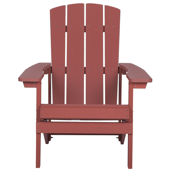 Ein klassischer Adirondack Gartenstuhl aus wetterfestem Kunststoff in Holzoptik mit breiten Armlehnen und hoher Rückenlehne.