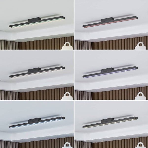 Moderne, lineare LED Deckenleuchte in Schwarz mit RGB-Farbwechsel-Funktion in verschiedenen Lichtfarben montiert an der Decke.