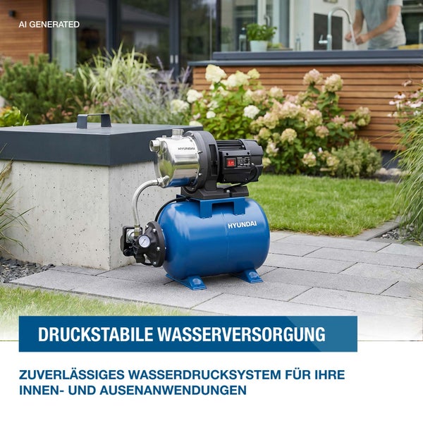 Hyundai Hauswasserwerk zur Wasserversorgung im Garten auf einer gepflasterten Terrasse platziert.