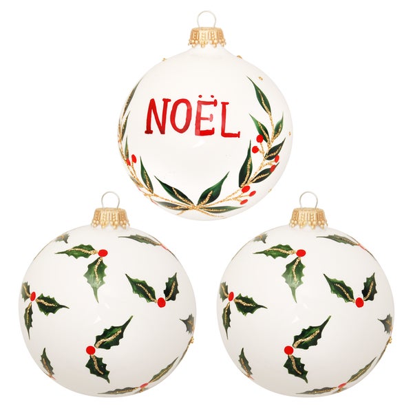 Scandic Xmas Stechpalme, 3-er Set, 2 Stechpalme, 1 Noel, weiß matt, 8cm, 3 Stck., Weihnachtsbaumkugeln, Christbaumschmuck, Weihnachtsbaumanhänger