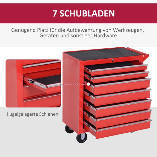 Roter Werkstattwagen mit 7 Schubladen und kugelgelagerten Schienen auf Rollen.