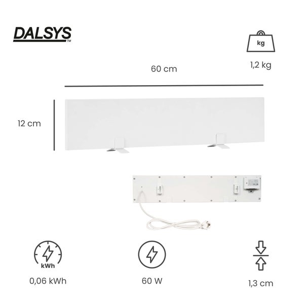 Dalsys Logo, Infrarotheizung, 60 mal 12 mal 1,3 Zentimeter, 60 Watt, 0,06 Kilowattstunden, 1,2 Kilogramm, Vorder- und Rückansicht mit Netzkabel.