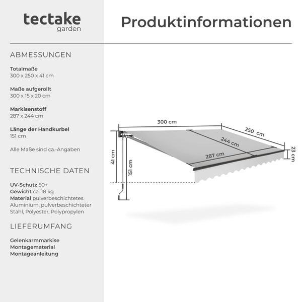 Gelenkarmmarkise tectake Ornella inkl. Wandhalterung verschiedene Größen hellgrau