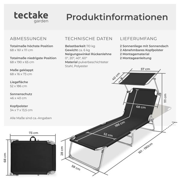 2er Set Gartenliege tectake Chloé 190 x 68 x 65 cm klappbar schwarz