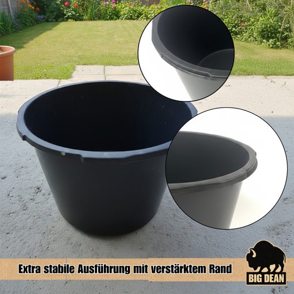 Robuster Kunststoffmörteleimer mit verstärktem Rand für den Baustelleneinsatz oder den Garten.