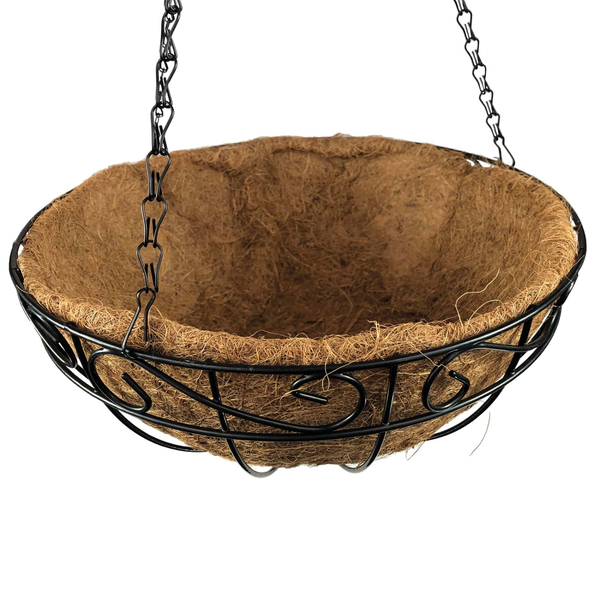 Blumenampel aus schwarzem Metall mit Ornamenten, Kokoseinlage und Kettenaufhängung mit Haken.